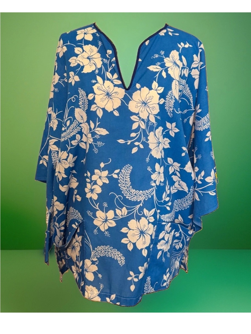 L-XL Vintage Home-Sewn Cotton Hawaiian Floral Kimono-Style Pullover Tunic Top